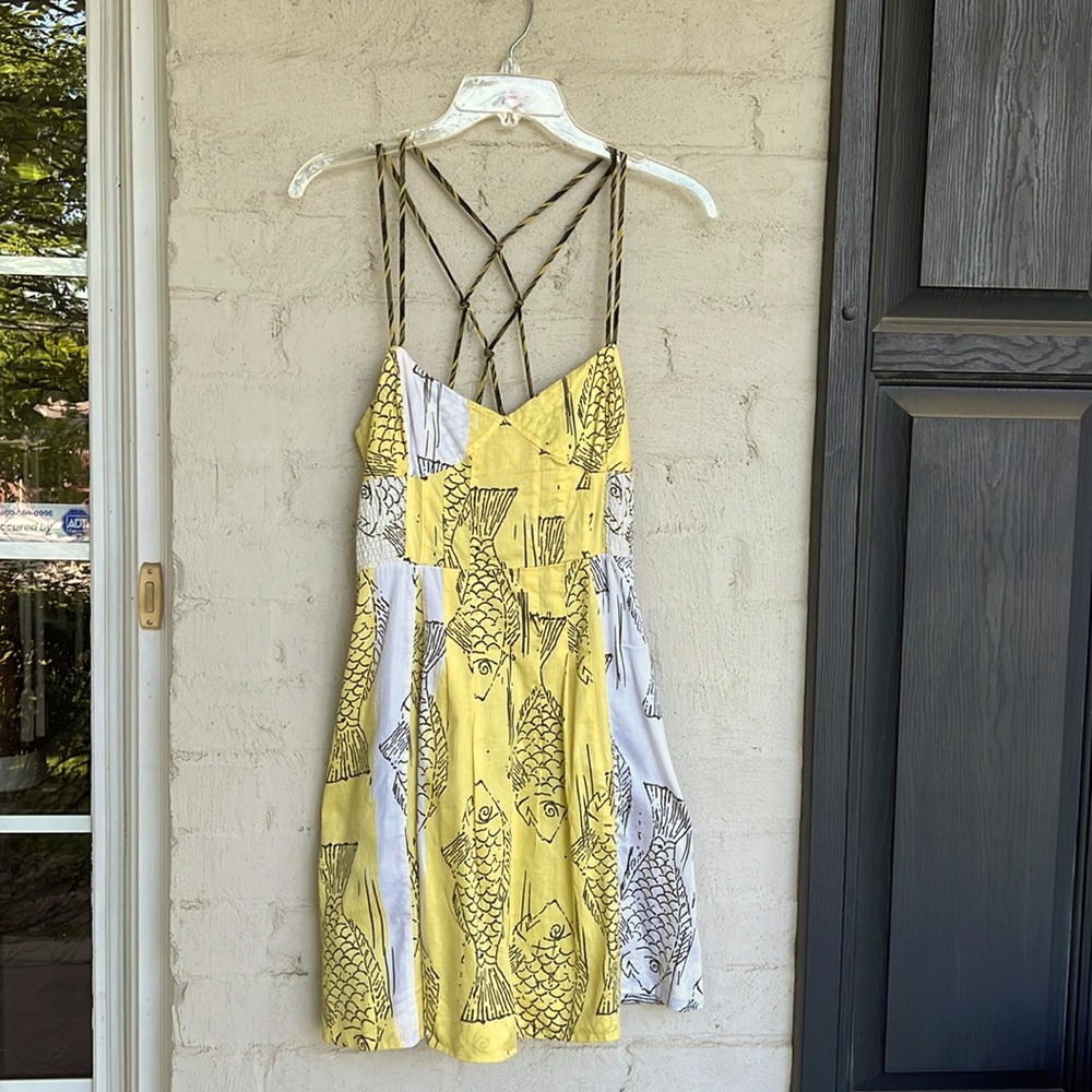 Vintage Free People Yellow/Gray Fish Print Strappy Back Cotton Sundress Size 8